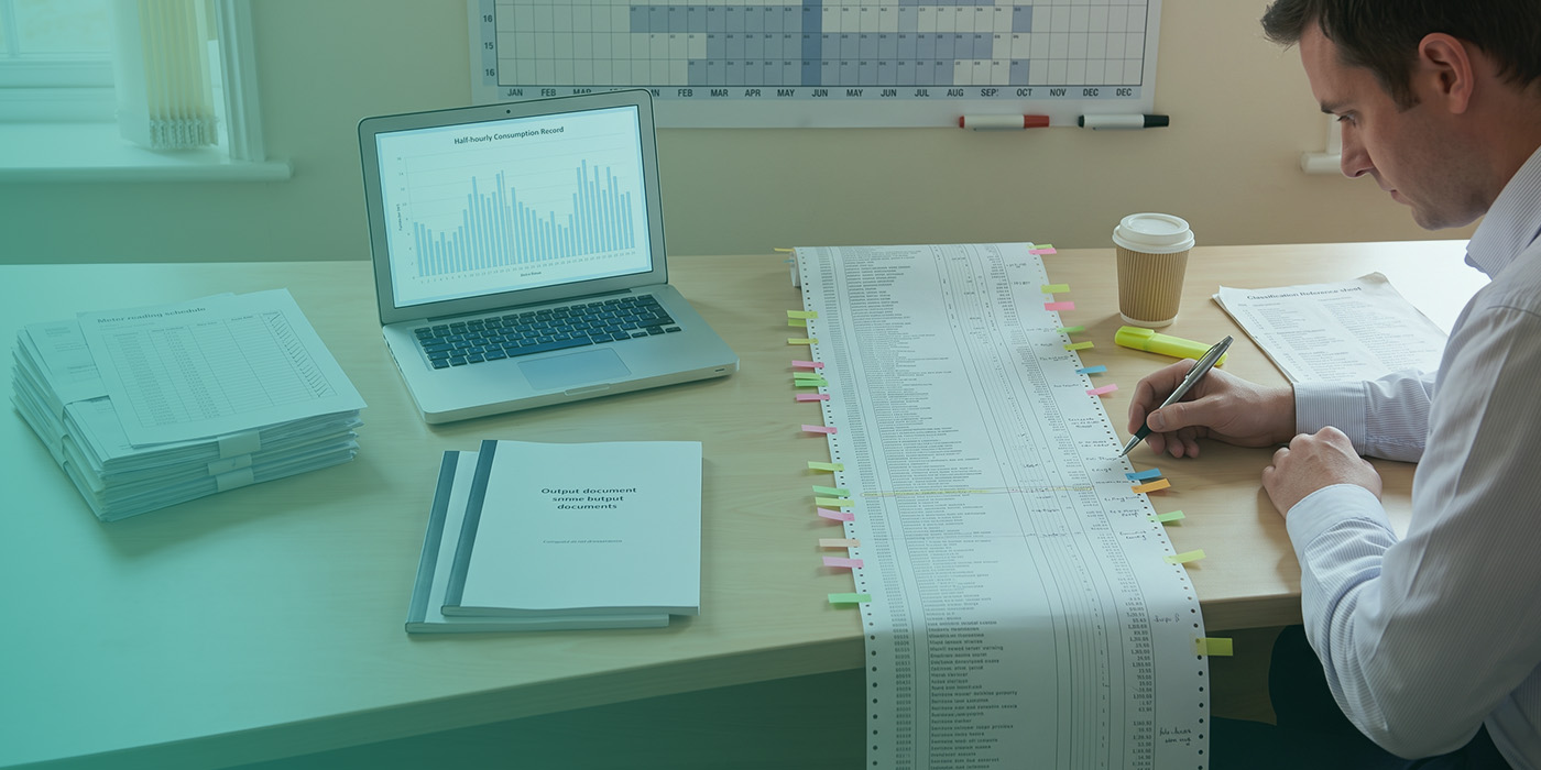 A compliance analyst annotating a long continuous printout of energy consumption data with multicoloured sticky flags and a pen, with a laptop showing a Half-hourly Consumption Record bar chart, a stack of meter reading schedules, two bound output documents and a Classification Reference Sheet on the desk, and a wall-mounted annual planning calendar behind him