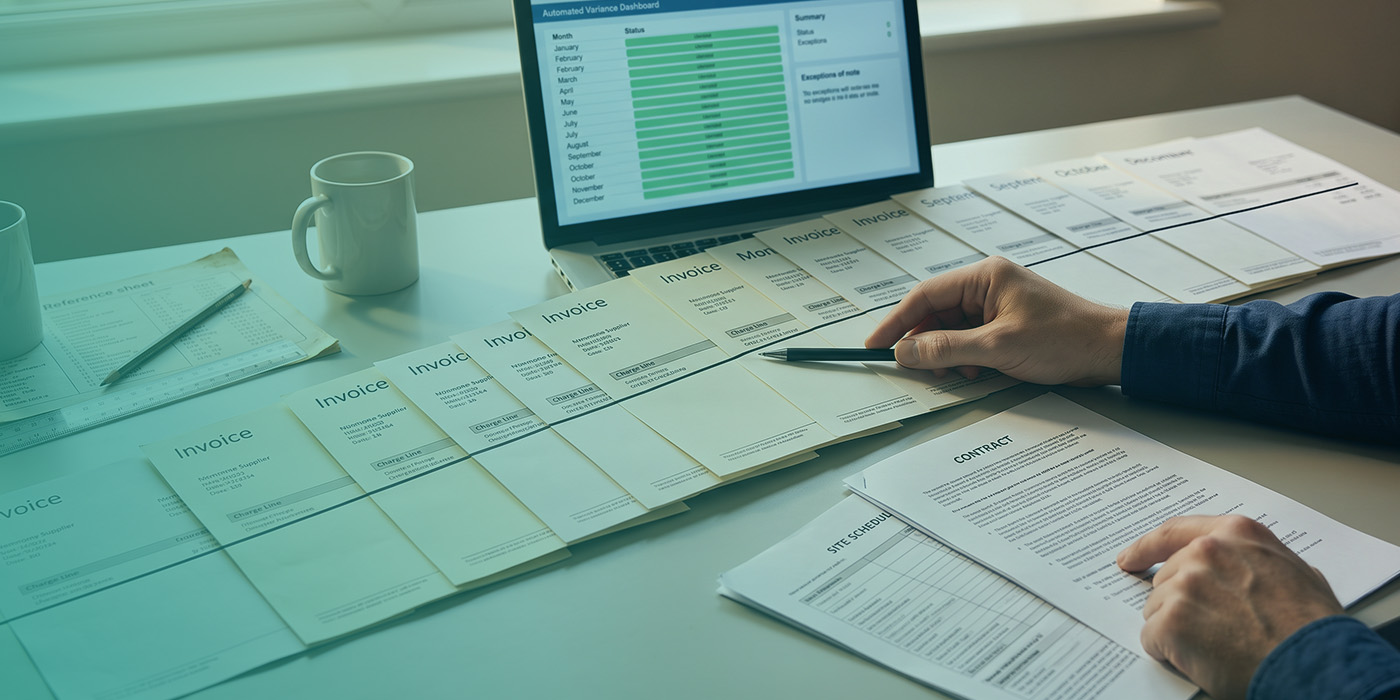 A utilities billing analyst laying out a chronological sequence of monthly invoices across a desk alongside a contract and site schedule, with an Automated Variance Dashboard on a laptop showing month-by-month green and amber status indicators and an exceptions summary, and a reference sheet and pencil to the left