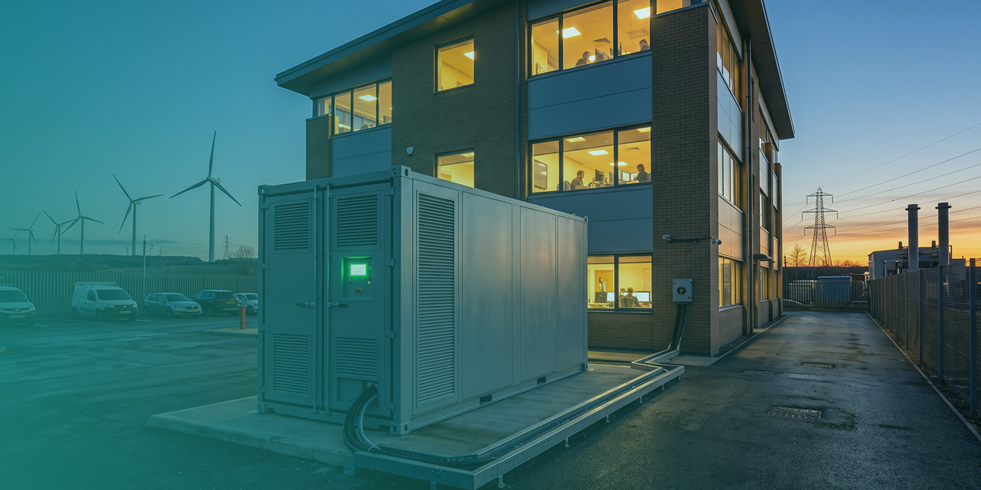 A containerised commercial battery storage system with a green active status indicator mounted beside a fully occupied three-storey office building at dusk, with wind turbines visible to the left and a high-voltage electricity transmission pylon and industrial chimneys on the horizon to the right