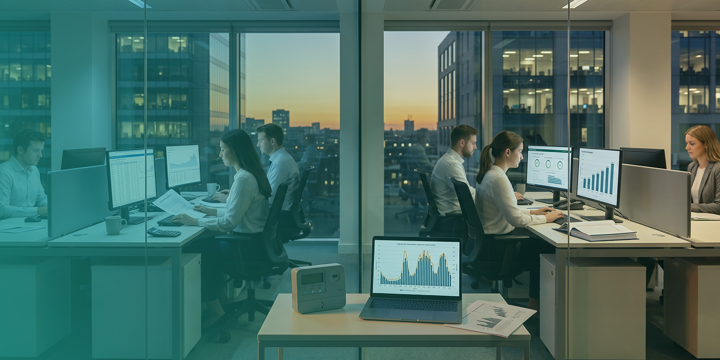 A high-floor open-plan energy analytics office at dusk with five analysts working across multiple monitors showing half-hourly consumption and price curve data, battery performance dashboards and bar chart analysis, with a smart meter controller device and a laptop displaying a half-hourly consumption and price curve graph in the foreground