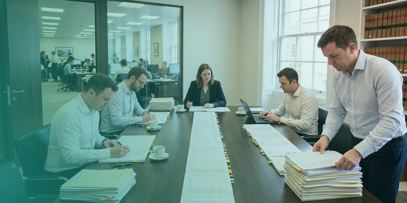 Four legal professionals working through a long flagged data printout and stacks of annotated compliance documents at a dark conference table in a traditional legal office, with a full bookcase of law volumes visible to the right and a busy open-plan floor visible through the glazed partition behind them