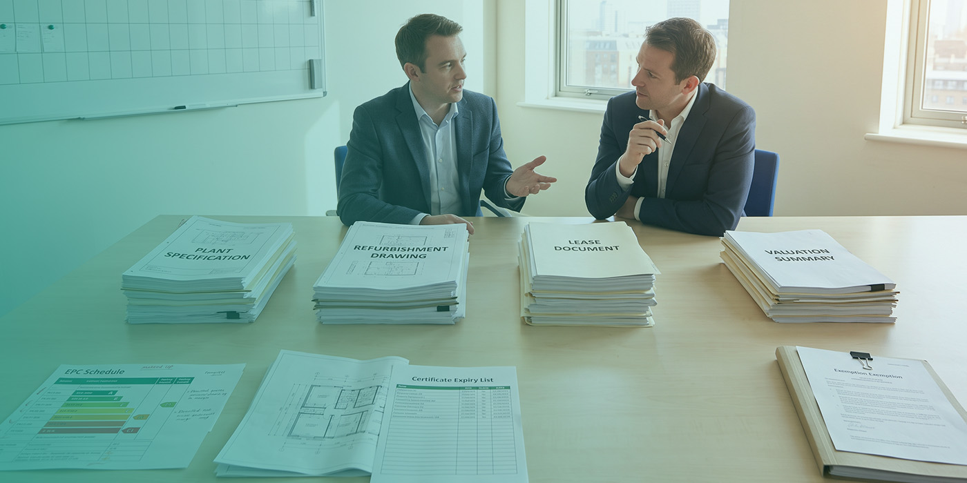 Two property professionals in discussion across a meeting table laid out with four labelled document stacks covering Plant Specification, Refurbishment Drawing, Lease Document and Valuation Summary, with an EPC Schedule, a Certificate Expiry List, a floor plan and an Exemption document visible in the foreground