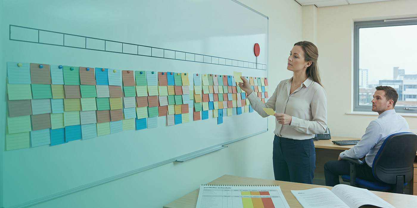 A property professional leaning over a table laid out with four clipboards each carrying a photograph and supporting documents for a different commercial property, with an EPC certificate showing a question mark rating, floor plans and a plant specification sheet in the foreground, and a female colleague reviewing documents at the far end of the table, with a colour-coded portfolio tracker on the wall behind her