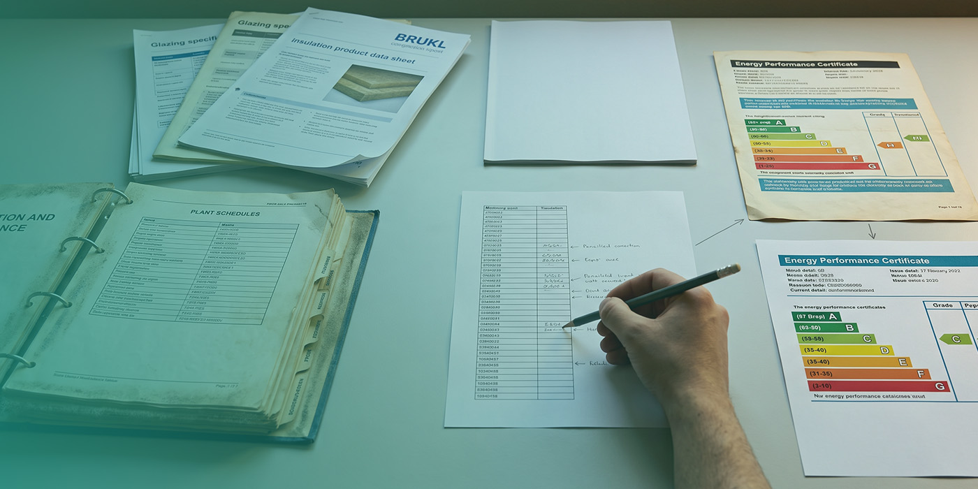 Assessor's desk showing an open operation and maintenance manual at the plant schedules page, glazing specifications, an insulation product data sheet and a BRUKL report, with a hand correcting a printed list of default modelling values in pencil, and an older faded EPC certificate pointing to a reissued certificate with a better rating