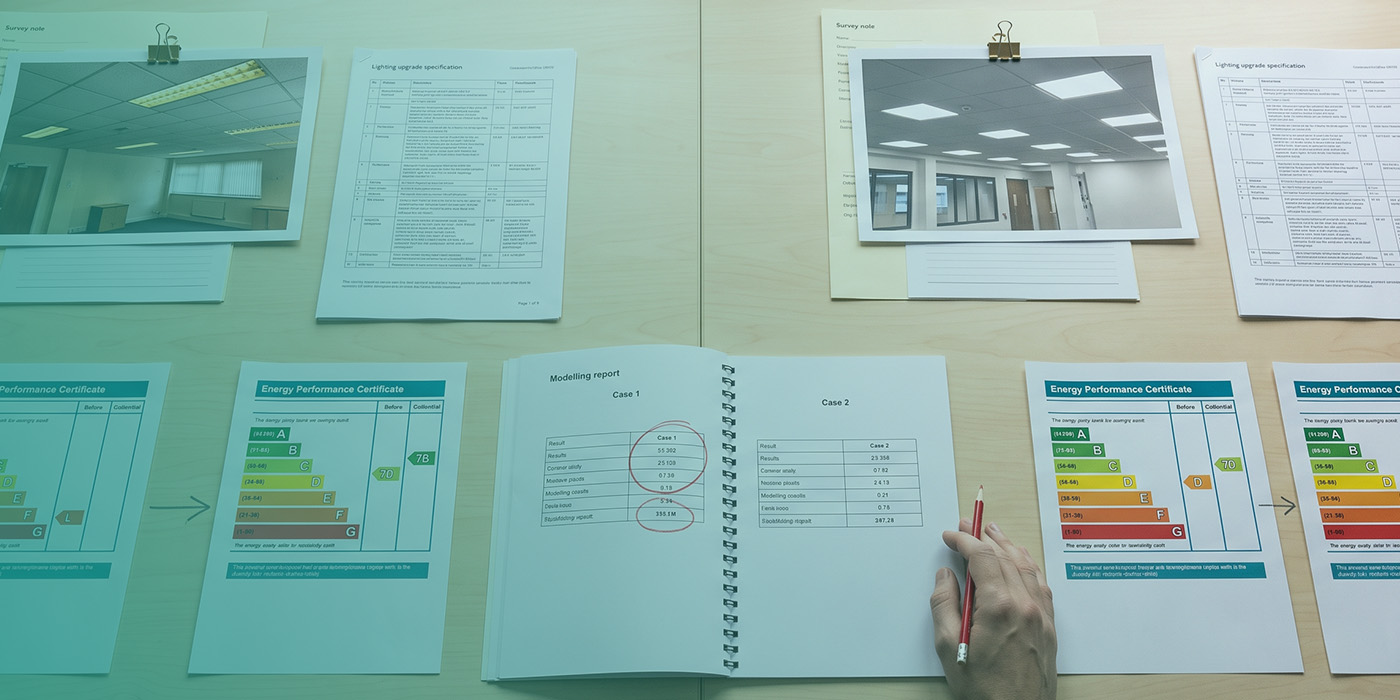 Two lighting upgrade case studies laid out side by side, each with a survey photo, a lighting specification and before and after commercial EPC certificates, with a modelling report comparing the two results and a hand holding a pencil over the scores
